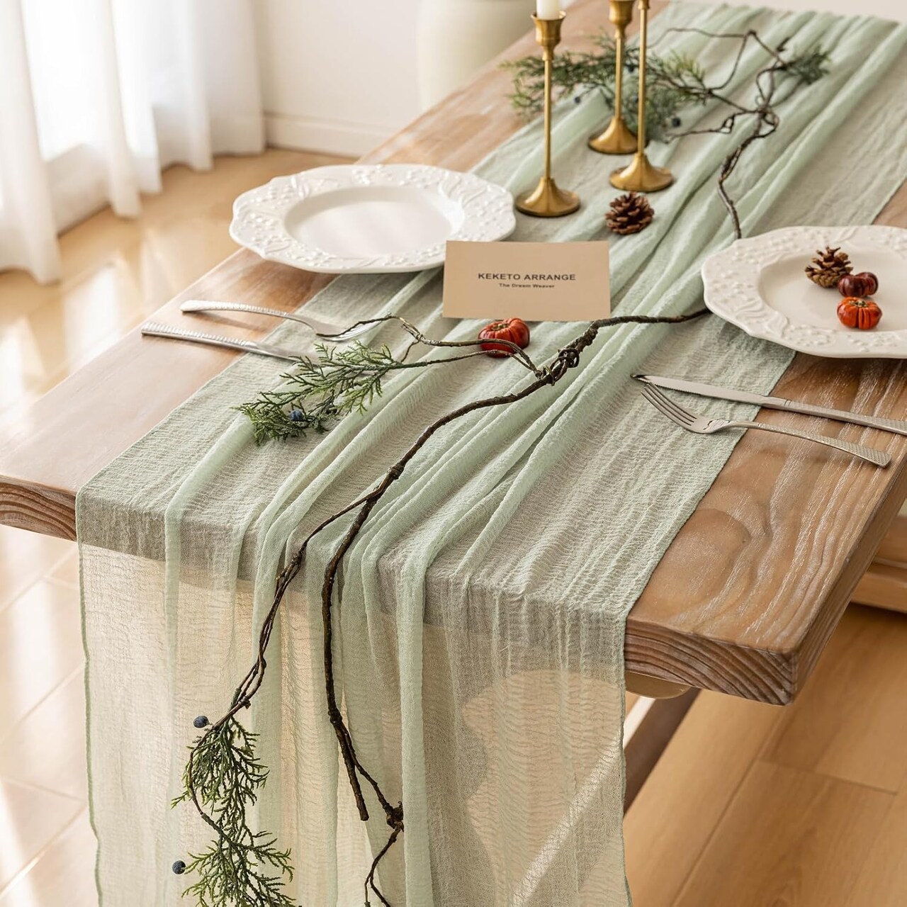 120-inch (10 ft) green cheesecloth table runner, perfect for adding a rustic boho touch to weddings, baby showers, bridal showers, or home décor. This sheer gauze runner serves as an elegant centerpiece, ideal for creating a soft, textured look on an